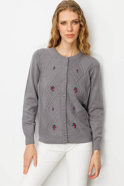 Desen Triko Women's Crew Neck Front Diamond Embroidery Embroidered Cardigan Smoked