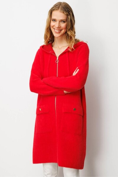 Desen Triko Women's Hooded Pocket Metal Button Aphrodite Knitwear Coat Y.Red