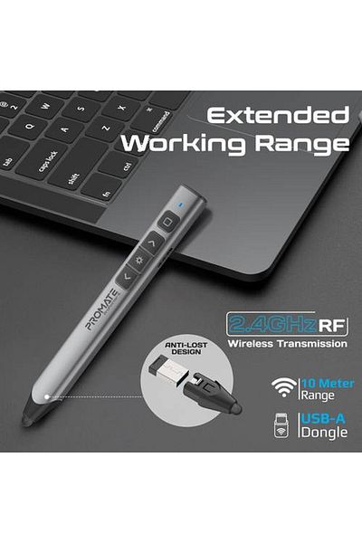 Promate 2-in-1 wireless presentation pointer with built-in pen, equipped with a powerful green laser with a range of up to 200 meters.