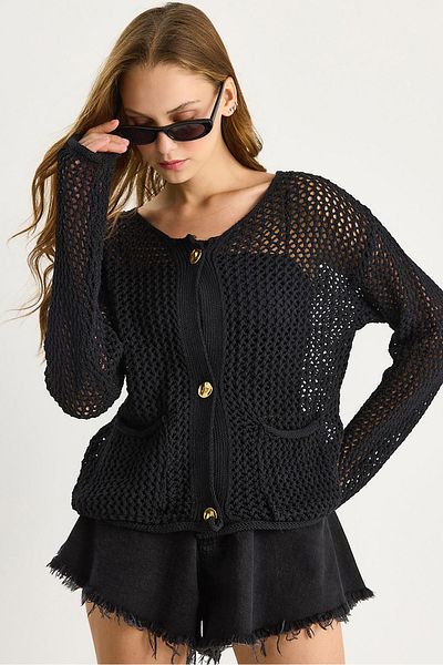 Bianco Lucci Women's Double Pocket Detailed Openwork Knitwear Cardigan 20251052