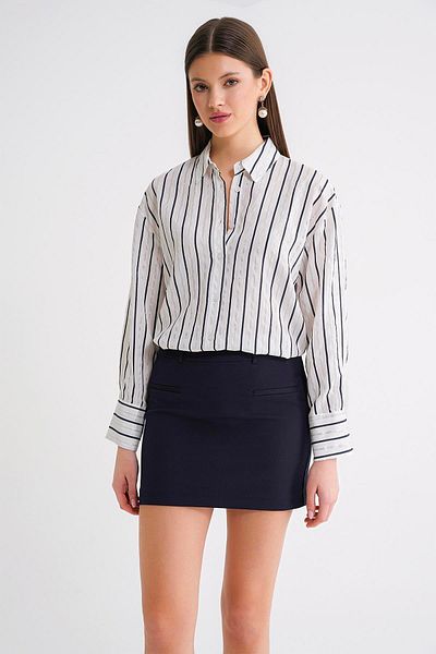 Mixray 4654 Women's Robe Thin Striped Basic Shirt Navy Blue
