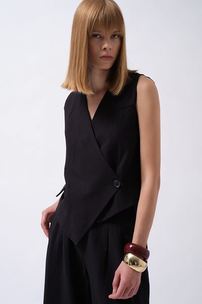 Black Fashion Side Button Asymmetrical Linen Black Vest