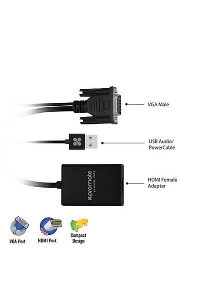 Promate 1080P VGA to HDMI Display Adapter, Includes Built-in USB Cable for Audio and Power