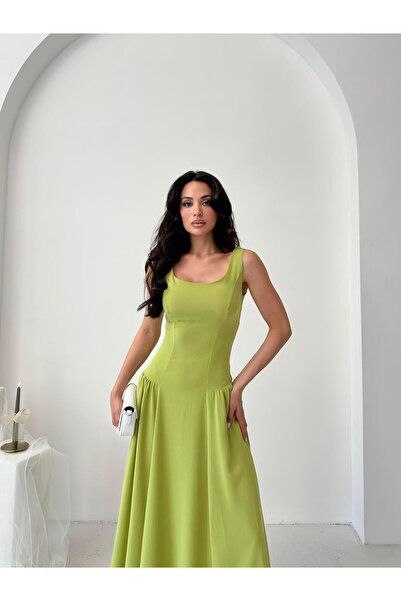 Serica Moda Yeşil Kare Yaka Gipeli Midi Elbise