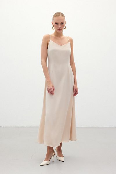 Sateen Long Satin Dress with Straps - Beige