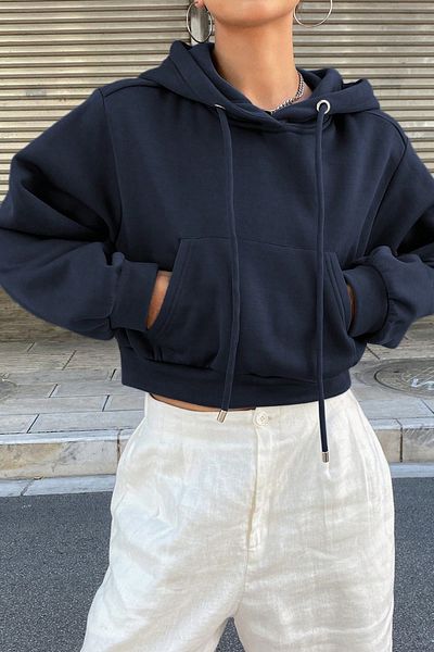 Tarz Cool Women's Navy Blue Basic Crop Cut Hooded Sweatshirt
