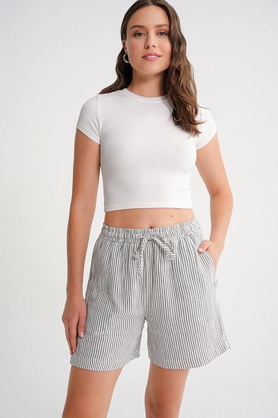 Mixray 4728 Women's Elastic Waist Striped Muslin Shorts Black