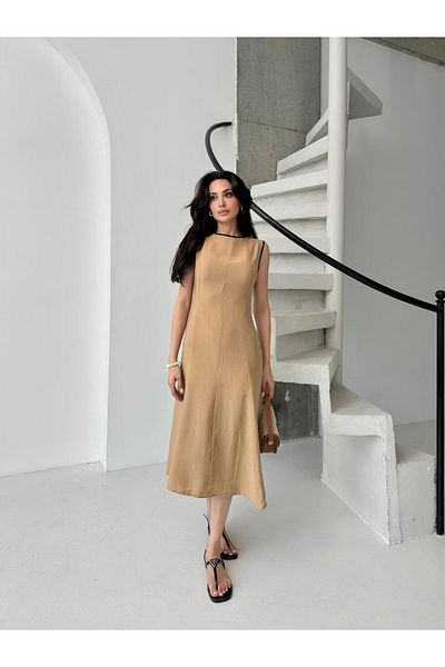 Serica Moda Camel Crew Neck Midi Sleeveless Midi Dress