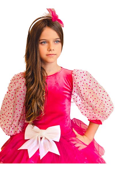 fustite cu luminite Soft Velvet Bonbon Pink Bodysuit with Puff Sleeves - 3-4 years (98-104 cm)
