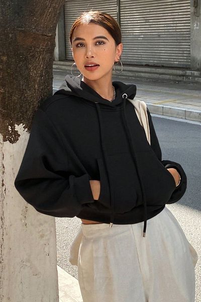 Tarz Cool Women's Black Basic Crop Cut Hooded Sweatshirt