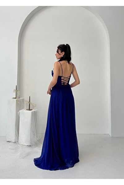 Serica Moda Βραδινό φόρεμα Saks Blue Rope Strap Slit Chiffon Tulle