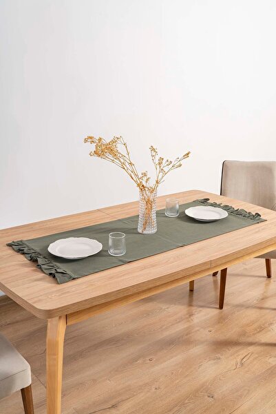 Rivaİstanbul Ruffle Khaki Frilly 100% Cotton Raw Linen Runner 50X130 cm