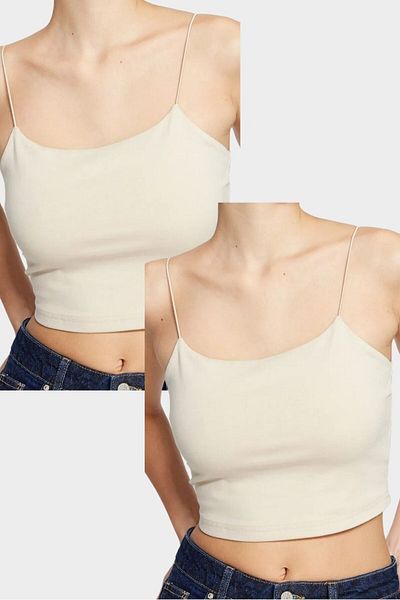 SHEMALL LUXURY Newon Rope Strap Lined Crop Bustier Blouse Beige Set of Two