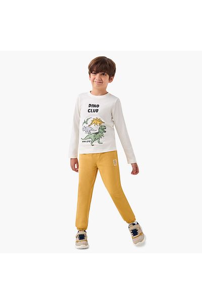 Juniors Dino Print Crew Neck T-shirt with Long Sleeves