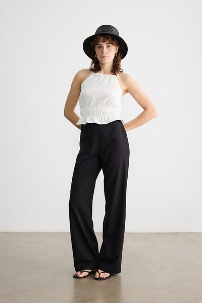 BE BLUE Black Cotton Linen Palazzo Pants