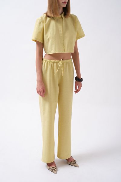 Black Fashion Linen Yellow Trousers with Tie-Up Waist