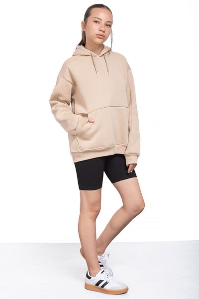Cansın Mini Beige Kangaroo Pocket Basic Hooded Sweatshirt for Girls 21209