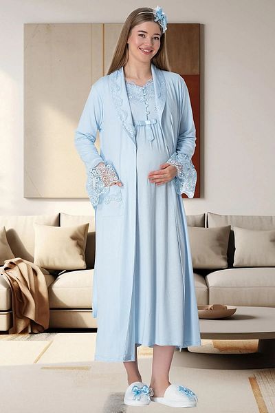 Mecit Pijama Women's Four Piece Long Sleeve Maternity Maternity Set 80% Cotton, 20% Viscose
