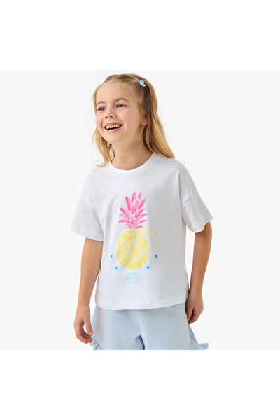 Juniors Graphic Print Crew Neck T-shirt with Short Sleeves