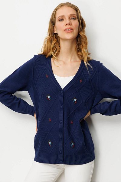 Desen Triko Women's V-Neck Front Diamond Embroidery Embroidered Cardigan Navy Blue