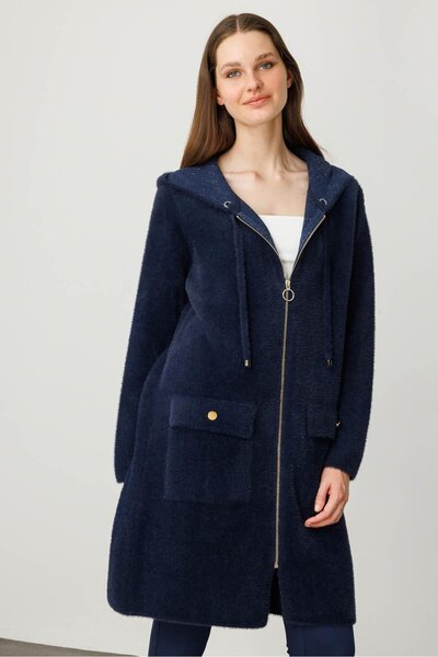 Desen Triko Women's Hooded Pocket Metal Button Aphrodite Knitwear Coat Navy Blue