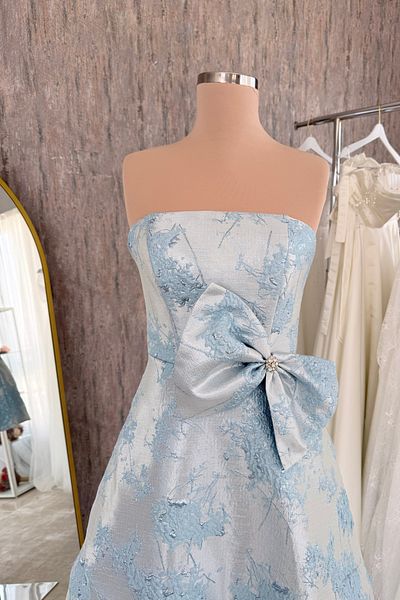 Lenta Moda Ice Blue Ribbon Detail Brocade Mini Evening Dress and Evening Gown