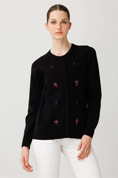 Desen Triko Women's Crew Neck Front Diamond Embroidery Embroidered Cardigan Black