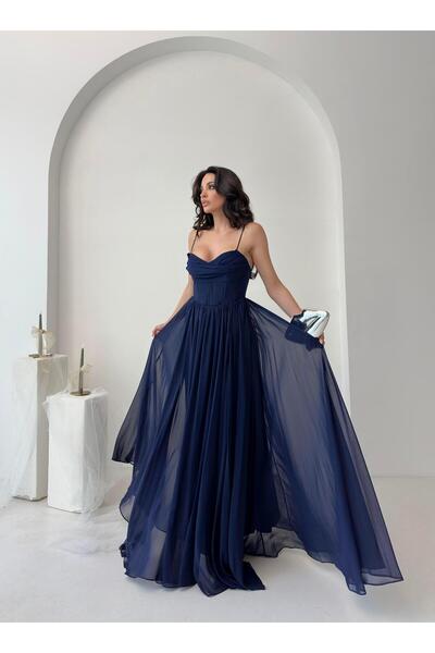 Serica Moda Lacivert İp Askılı Yırtmaçlı Şifon Tül Abiye Elbise