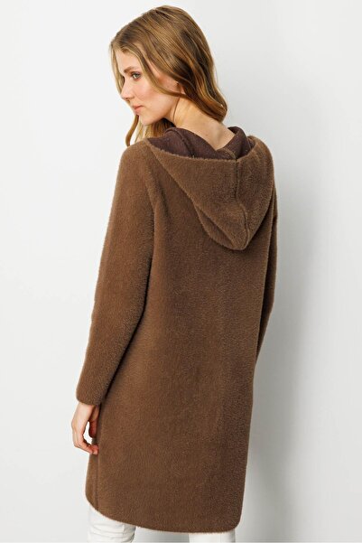 Desen Triko Women's Hooded Pocket Metal Button Aphrodite Knitwear Coat Brown