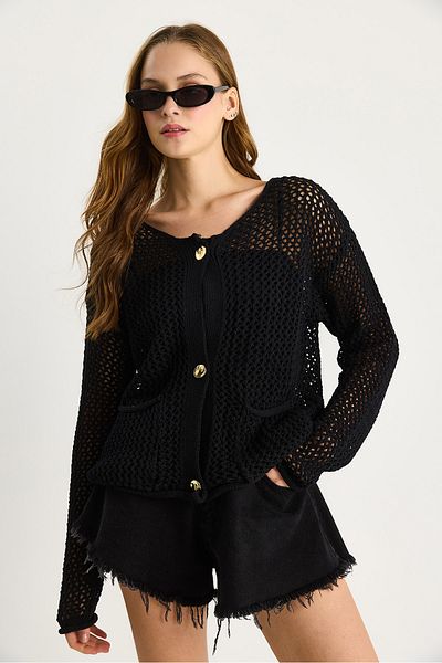 Bianco Lucci Women's Double Pocket Detailed Openwork Knitwear Cardigan 20251052