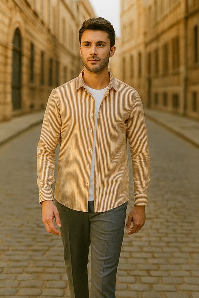 DAMGA JEANS Мъжка раирана риза с дълъг ръкав, чифт от 3 бр.