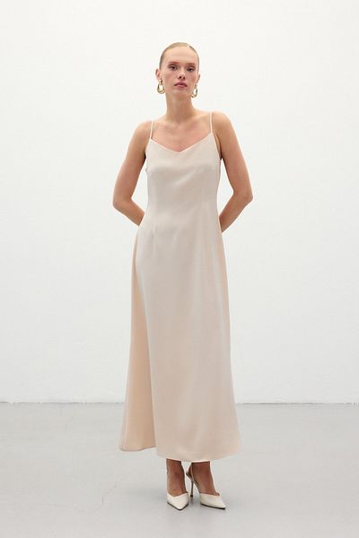 Sateen Long Satin Dress with Straps - Beige