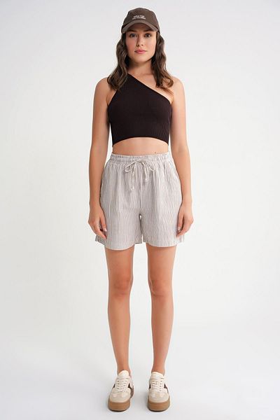 Mixray 4728 Women's Elastic Waist Striped Muslin Shorts Brown