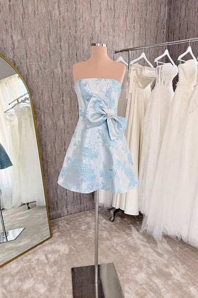Lenta Moda Ice Blue Ribbon Detail Brocade Mini Evening Dress and Evening Gown