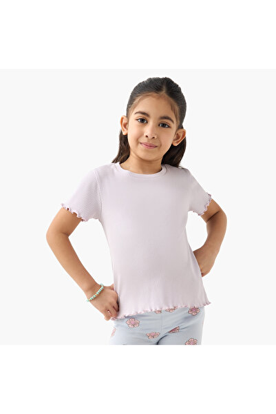 Juniors تي شيرت مضلع بياقة دائرية وأكمام قصيرة وحاشية خس