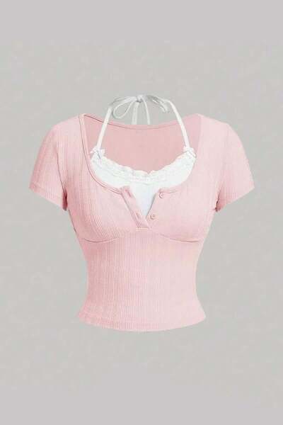 BALİNA Y2K كروب بأكمام قصيرة مع شريط مربوط باللون الوردي وياقة بيضاء -BLN