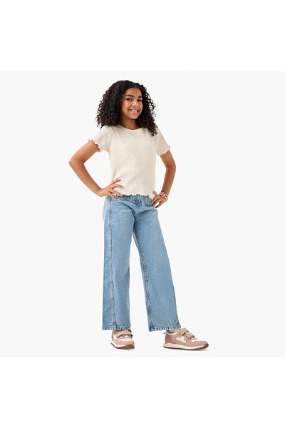Juniors Ribbed T-shirt with Lettuce Hem and Short Sleeves