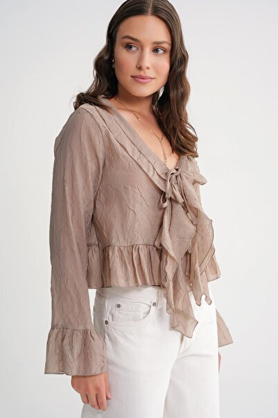 Mixray 4727 Women's Ruffled Collar Blouse Mink