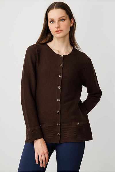 Desen Triko Women's Crew Neck Buttoned Cardigan Brown
