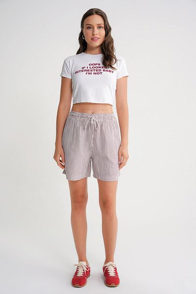 Mixray 4728 Women's Elastic Waist Striped Muslin Shorts Claret Red