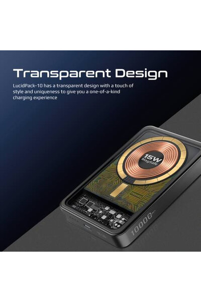 Promate "بطارية متنقلة ماج سيف بسعة 10000 مللي أمبير في الساعة، مع بطارية شفافة وشحن مغناطيسي بقدرة 15 واط،