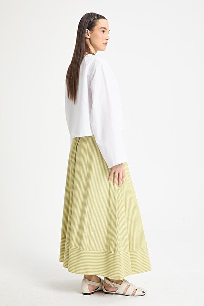 minaaise Λαδιό πράσινο ριγέ χωρίς επένδυση Poplin μακριά φούστα με ελαστική μέση 29277