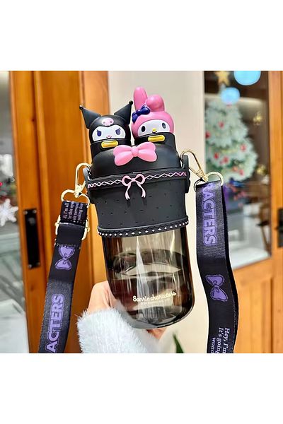 synshop Kuromi My Melody Melodi Water Bottle Flask 3D Adhesive Sticker Double Chamber with Straw and Hanger