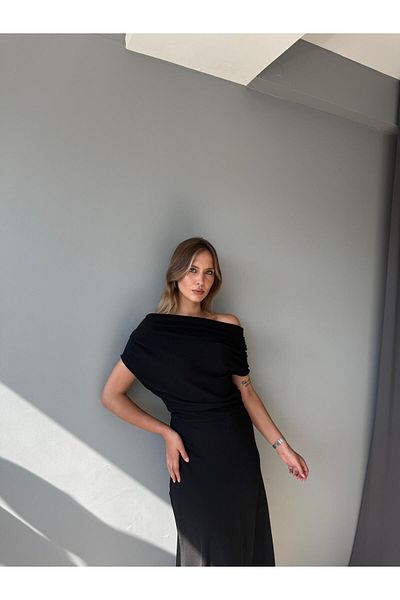 AlisaSu Women's Draped Asymmetrical Dress with Gathered Detail on the Shoulders