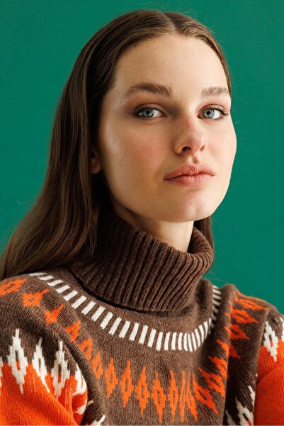 Desen Triko Γυναικείο Πλήρες ζιβάγκο Ρόμπα Μπακλαβάλ Μάλλινο Πουλόβερ Πορτοκαλί