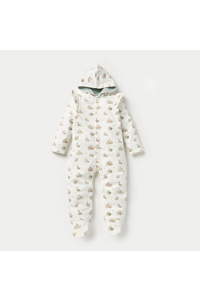 Juniors All-Over Bunny Print Footed Sleepsuit with Hood and Ruffle Detail