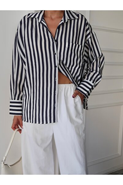 Paw Garage Women's Dorcas Single Pocket Side Slit Striped Shirt