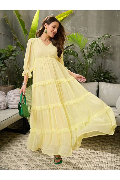 Sassafras By Styli V-Neck A-Line Tiered Maxi Dress