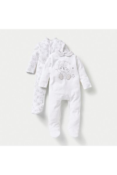 Juniors Bear Print Velour Closed Feet Sleepsuit with Long Sleeves - Set of 2