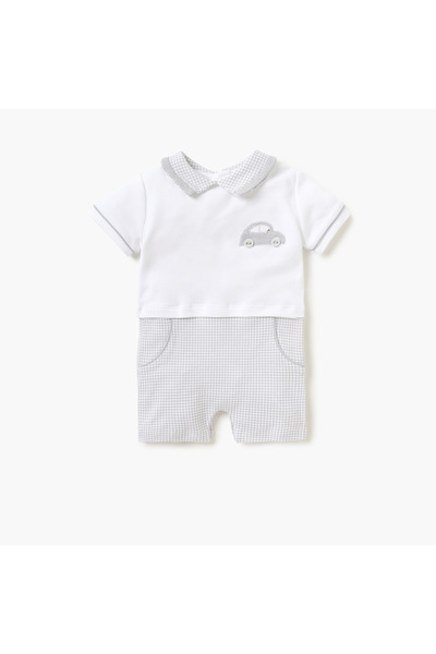 giggles Car Embroidered Romper with Collared Neckline and Button Closure